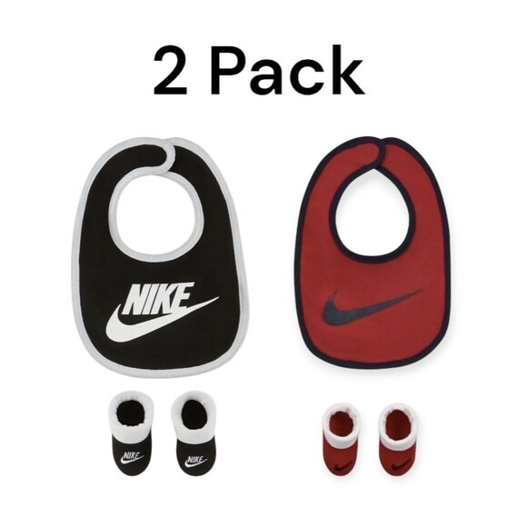 2 Pack - Nike 0-6 Months Baby Boy Newborn Bib & Booties Set Black/Red Infant - Picture 1 of 3